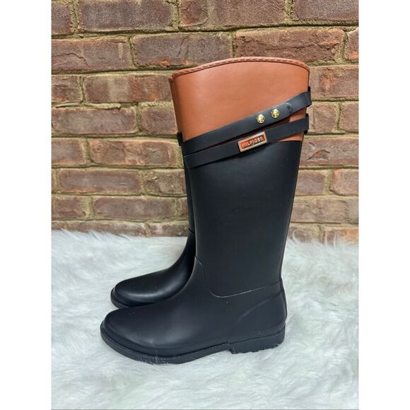 Tommy Hilfiger Women’s Black/Tan Coree Rubber Tall Rain Boot Size 9 - Picture 3 of 8